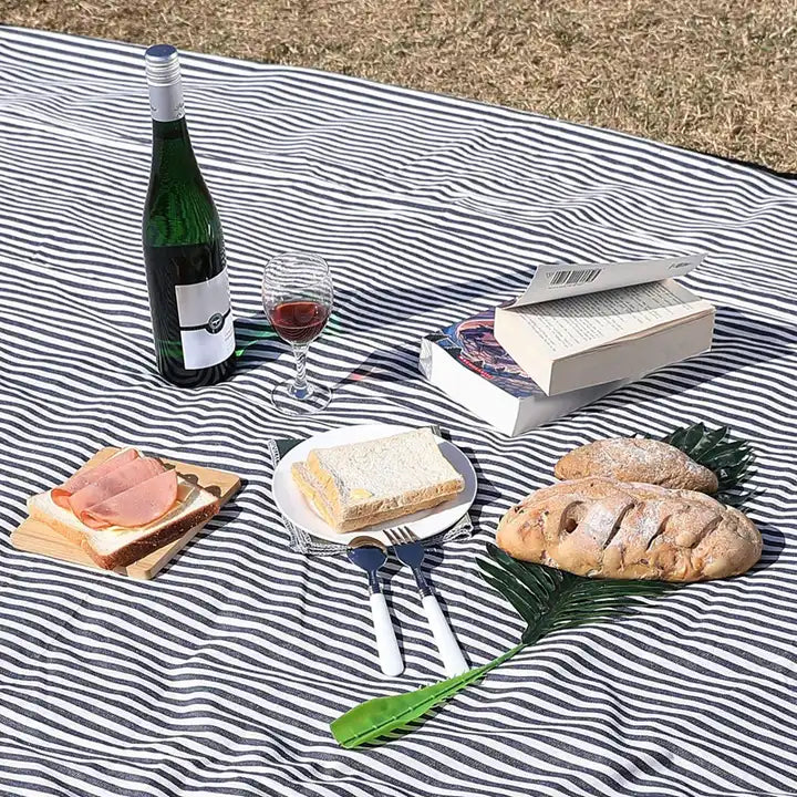 Navy & White Striped Roll-Up Picnic Rug – Stylish, Waterproof & Cozy