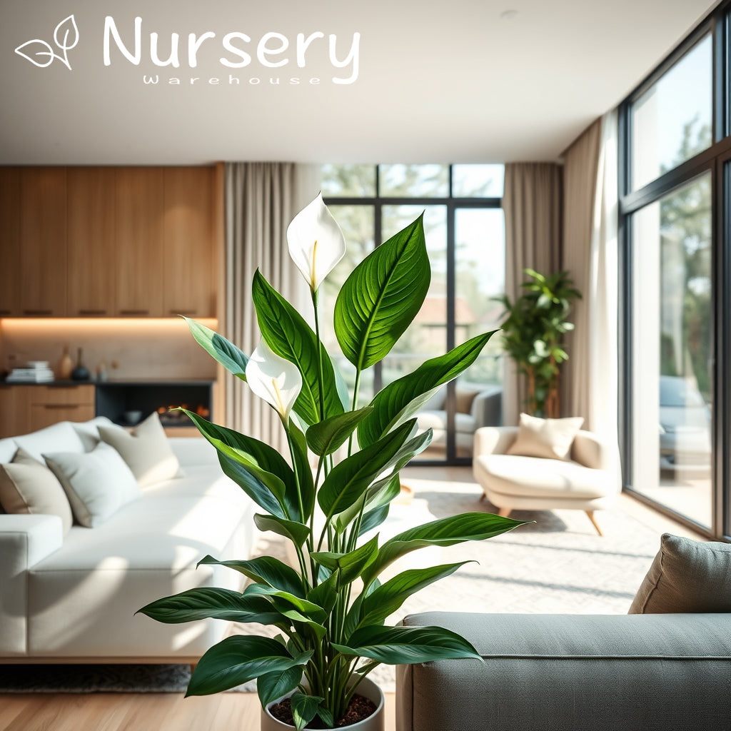 Tall Spathiphyllum (Peace Lily) enhancing the decor of a modern house.