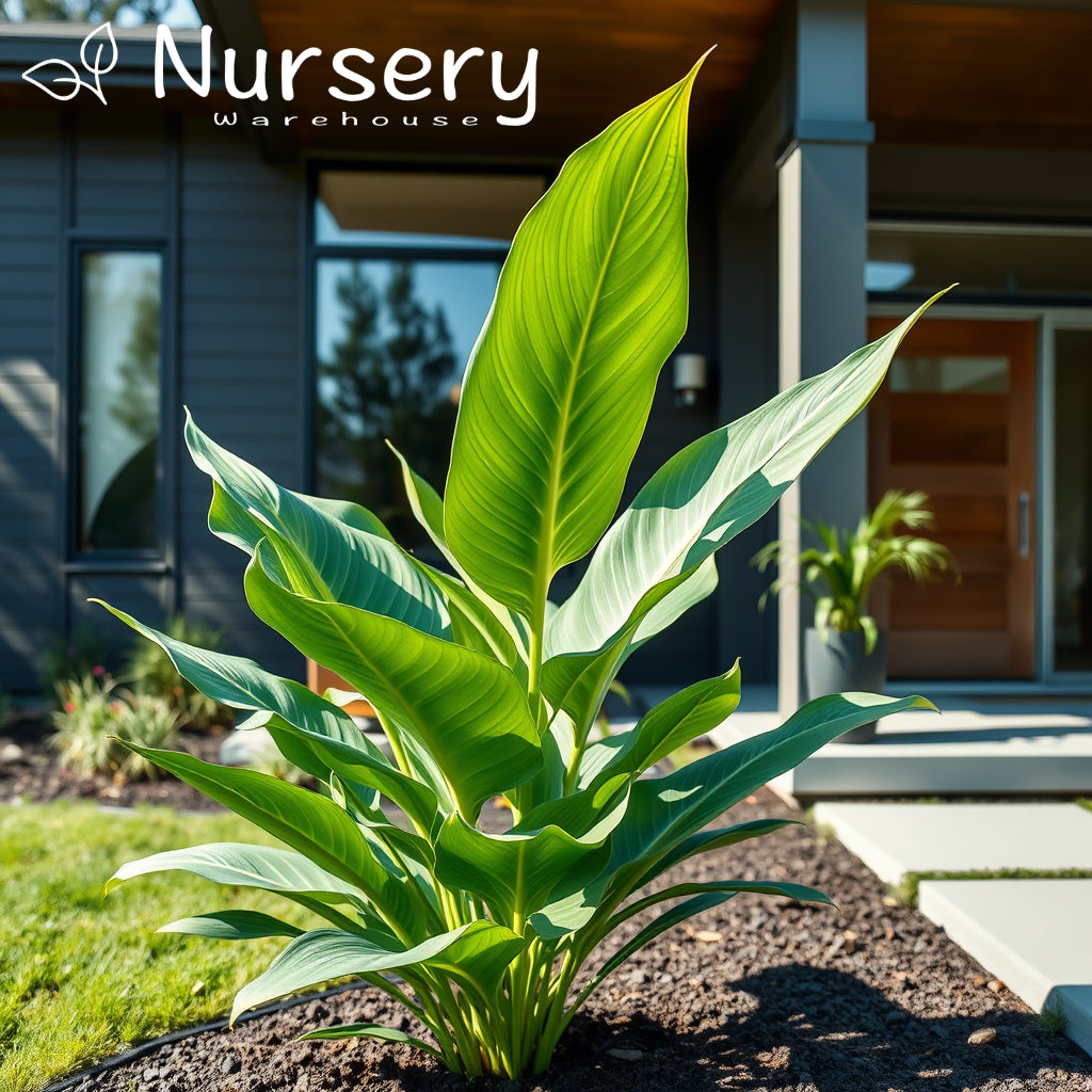 Young Spathiphyllum (Peace Lily) newly planted in front of a modern house.